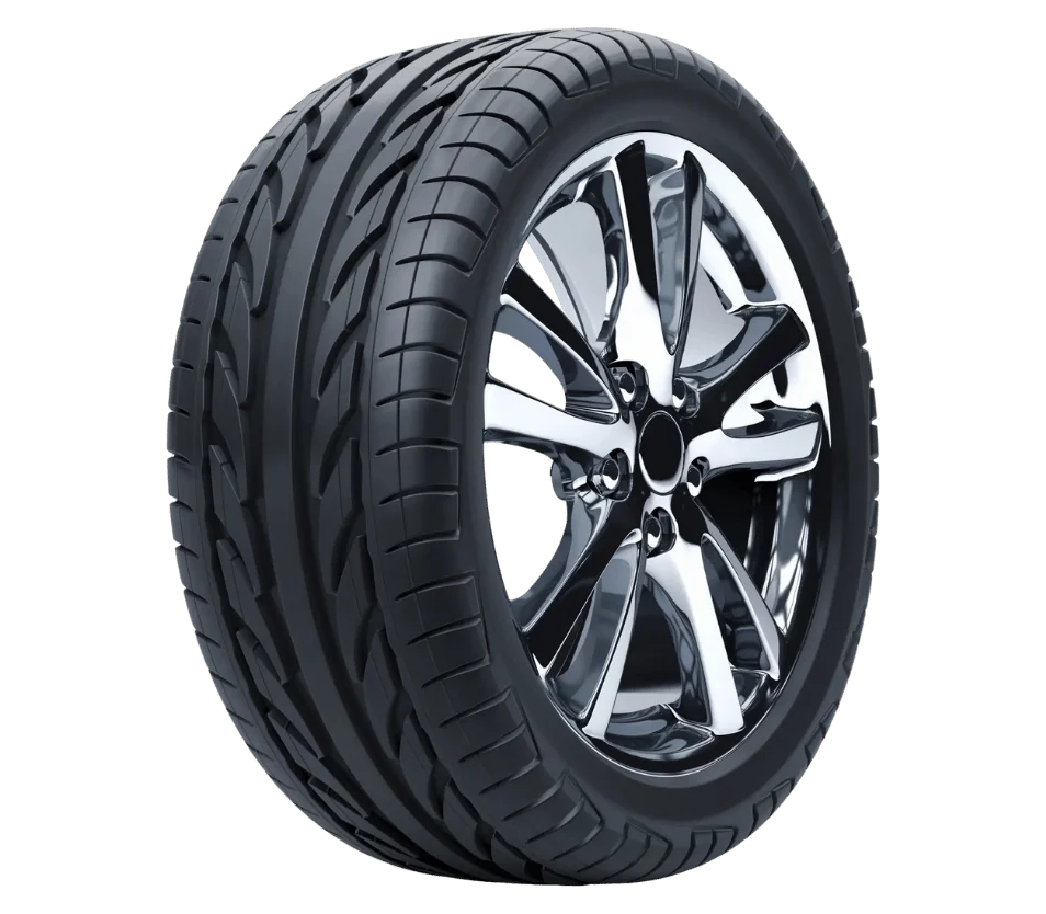 Illustrative tire and chrome wheel in a three-quarter view